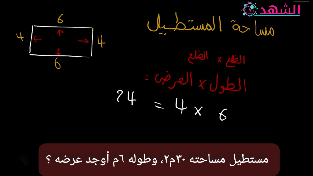 مستطيل مساحته ٣٠م٢، وطوله ٦م أوجد عرضه ؟